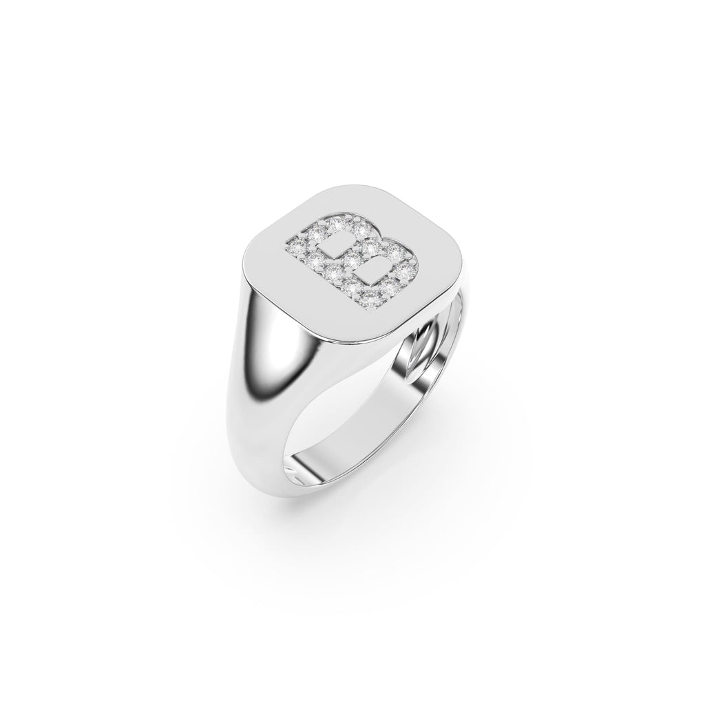 Signet initial ring in 14k solid gold set with diamonds