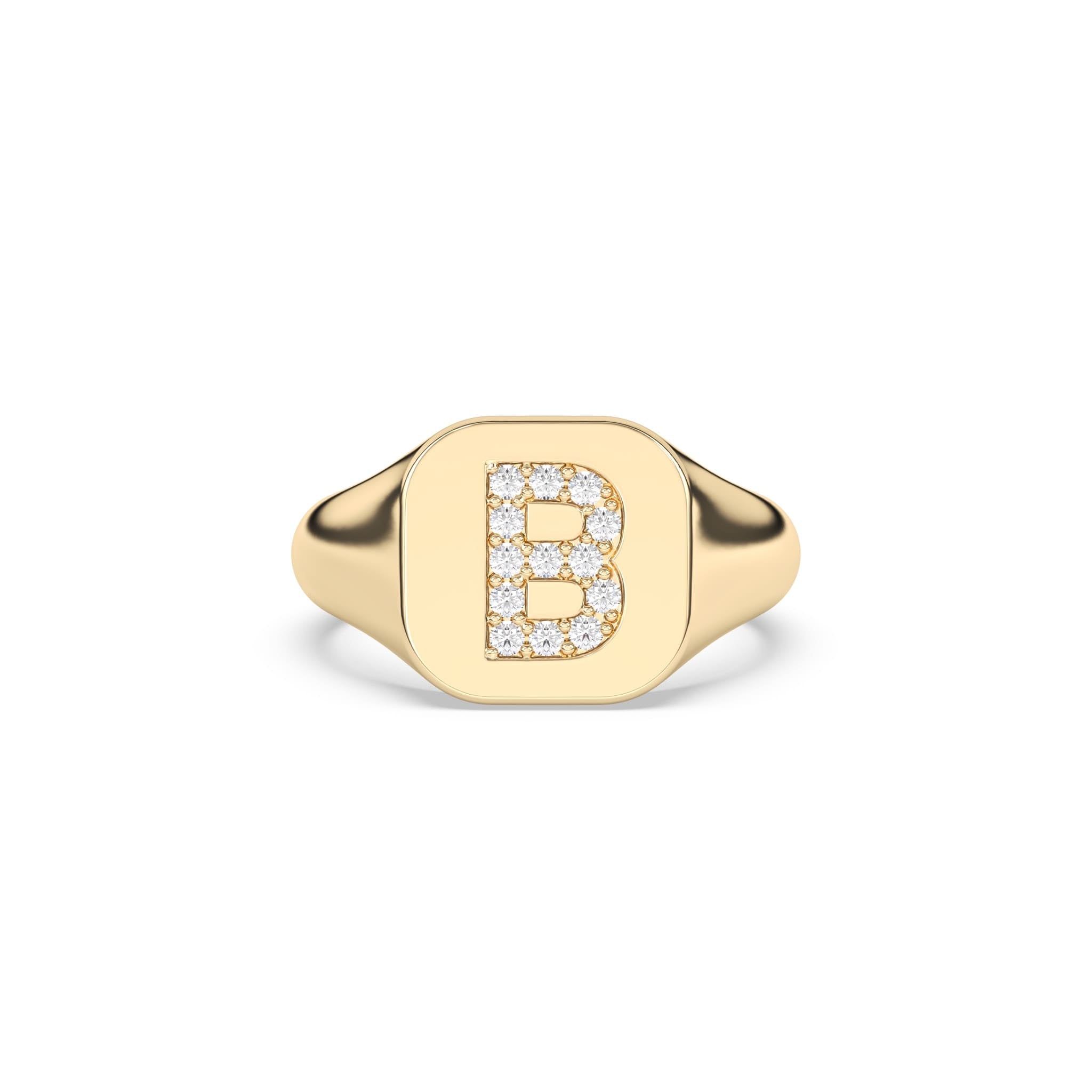 Signet initial ring in 14k solid gold set with diamonds