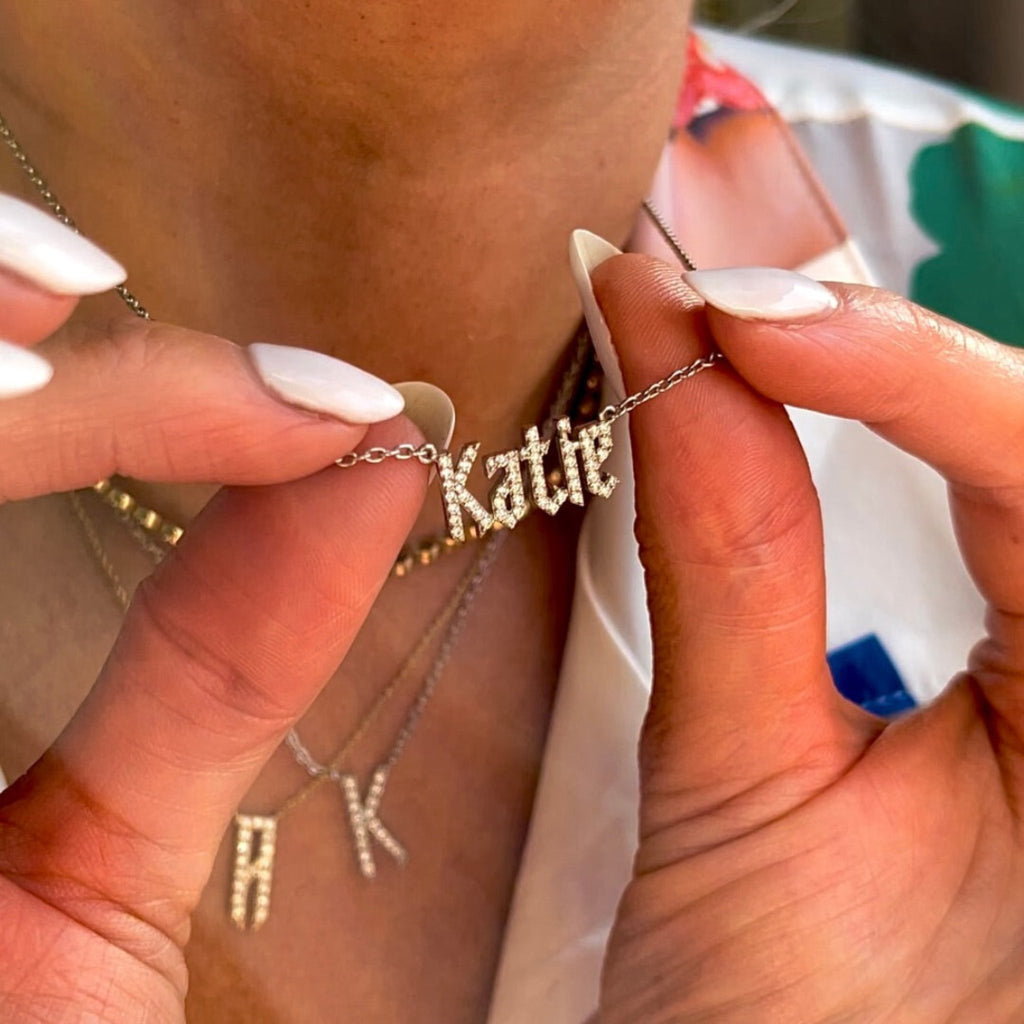 gold name necklace with diamonds