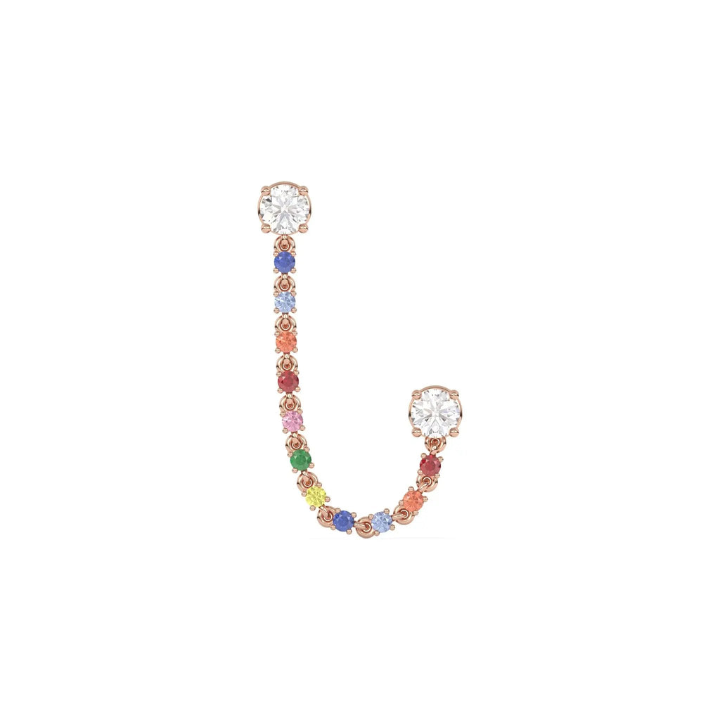 rainbow ear chain handmade with diamond studs set in 14k solid gold