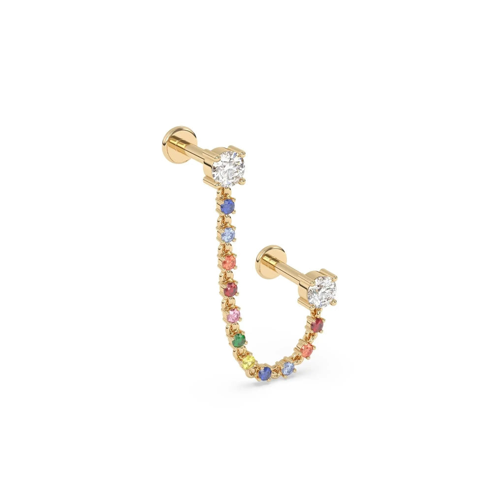 rainbow ear chain handmade with diamond studs set in 14k solid gold