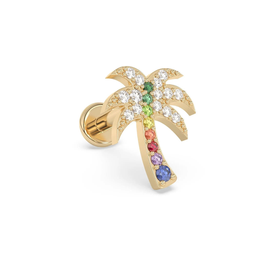 rainbow palm tree earring handmade with colourful sapphires and diamonds set in 14k solid gold