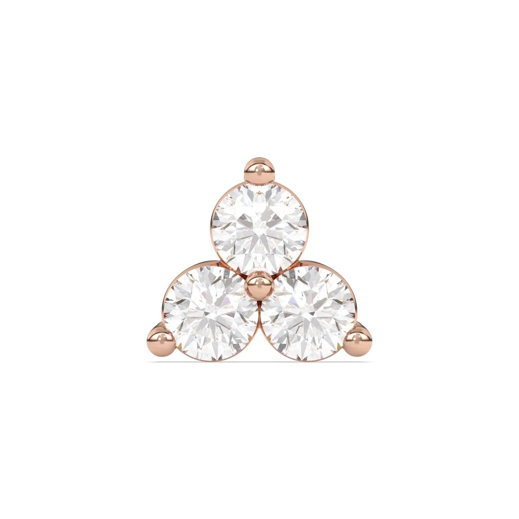diamond stud earring handmade with three round diamonds set in 14k solid gold