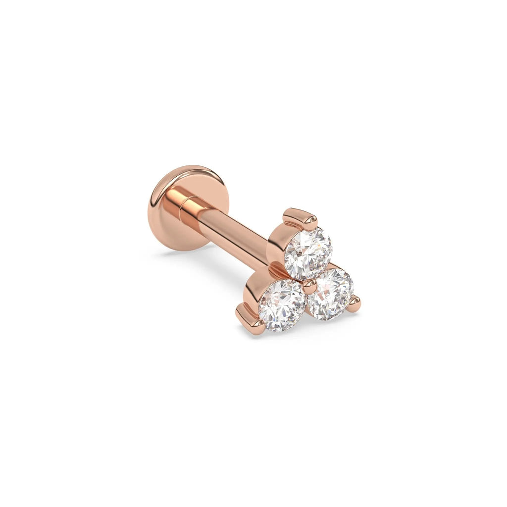 diamond stud earring handmade with three round diamonds set in 14k solid gold
