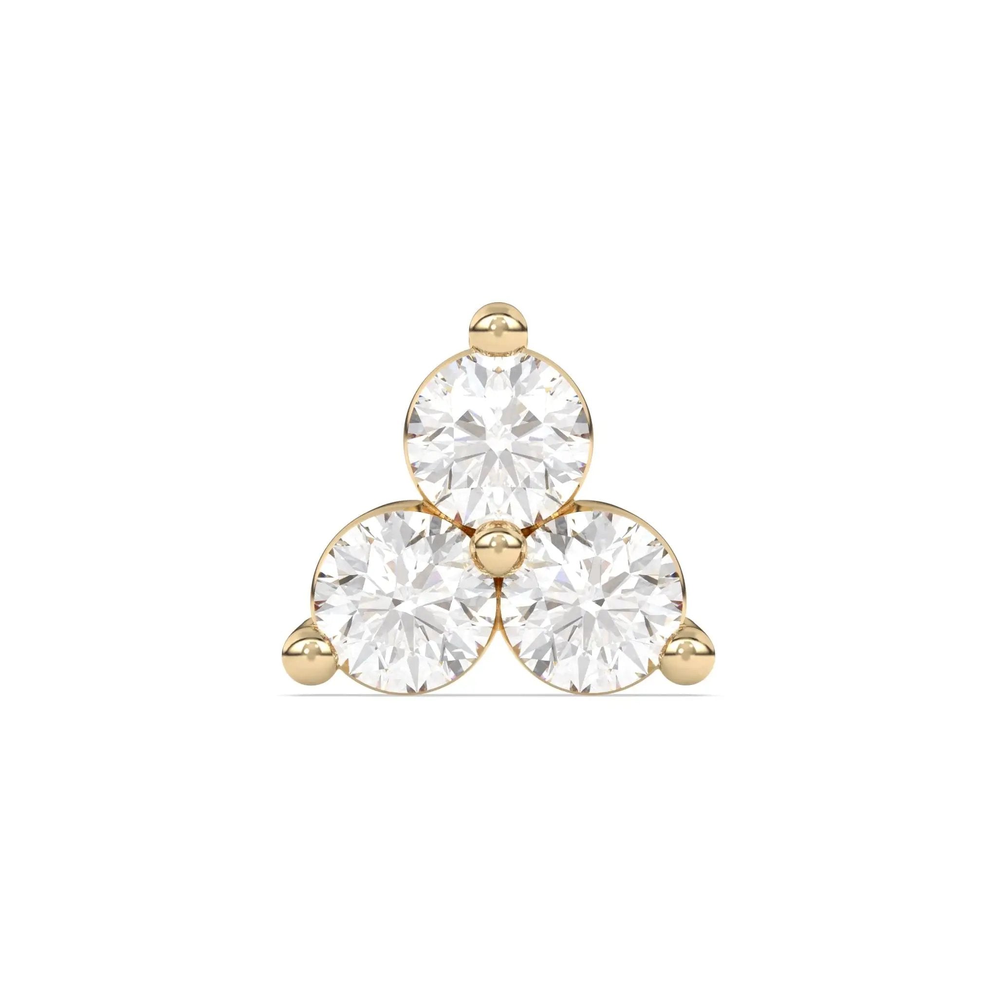 diamond stud earring handmade with three round diamonds set in 14k solid gold