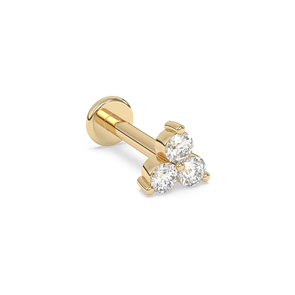 diamond stud earring handmade with three round diamonds set in 14k solid gold