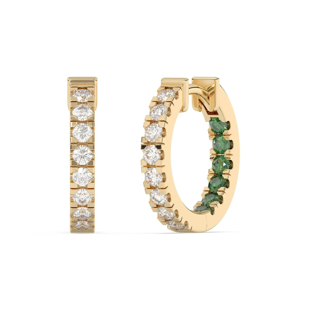 diamond jumbo huggies handmade with inset emeralds set in 14k solid gold