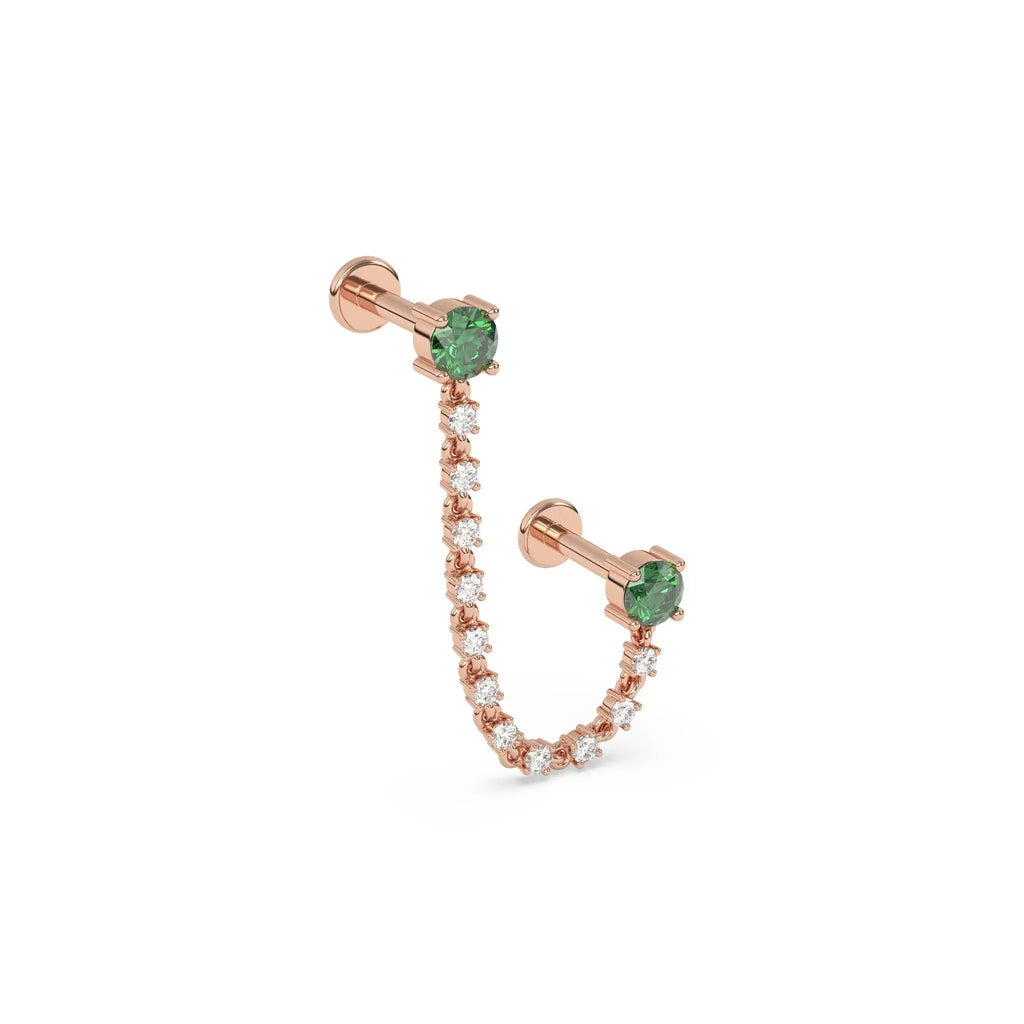 diamond ear chain handmade with emerald studs set in 14k solid gold