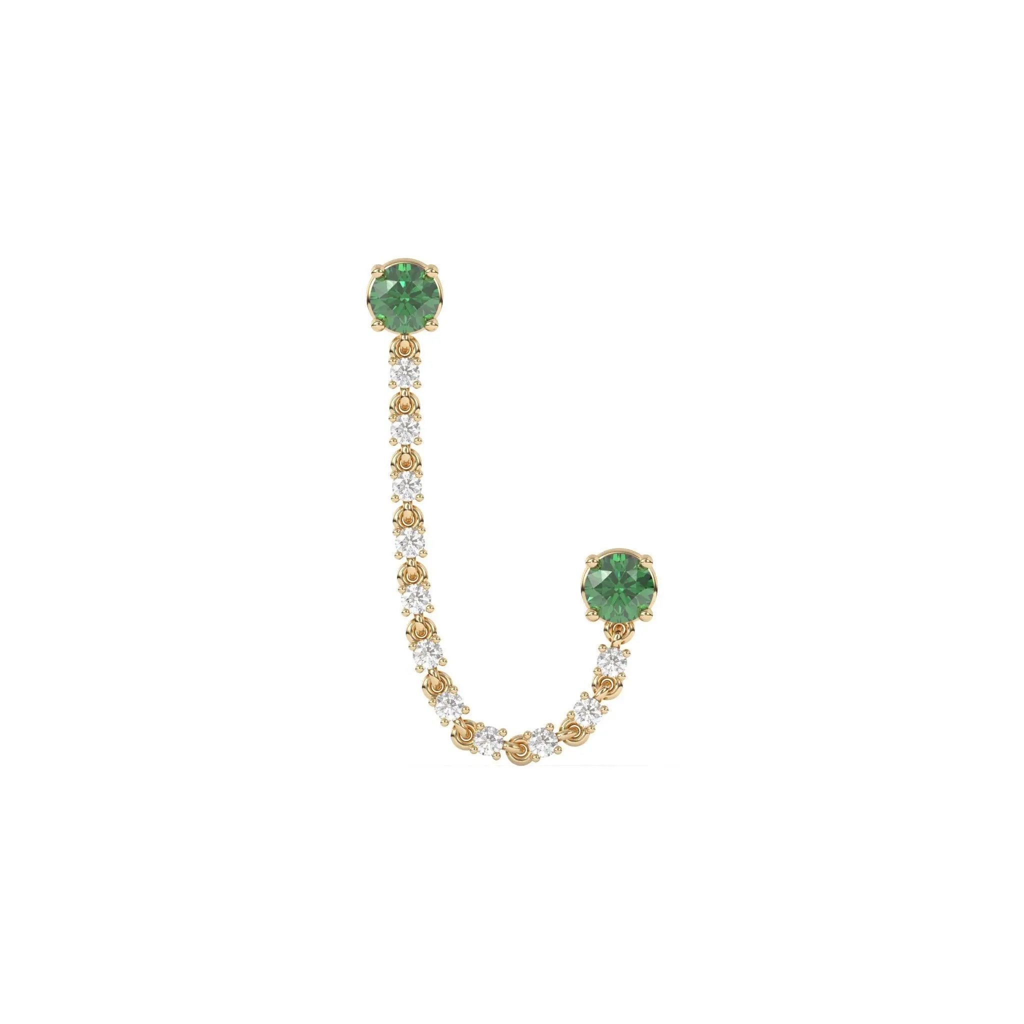 diamond ear chain handmade with emerald studs set in 14k solid gold