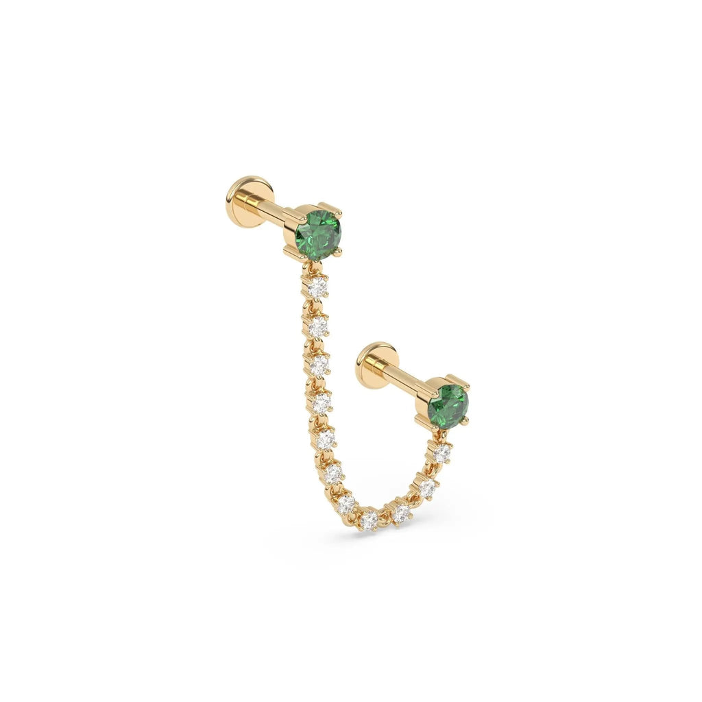 diamond ear chain handmade with emerald studs set in 14k solid gold