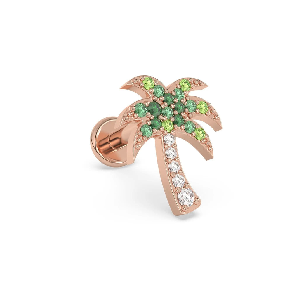 palm tree stud handmade with diamonds and sapphires set in 14k solid gold