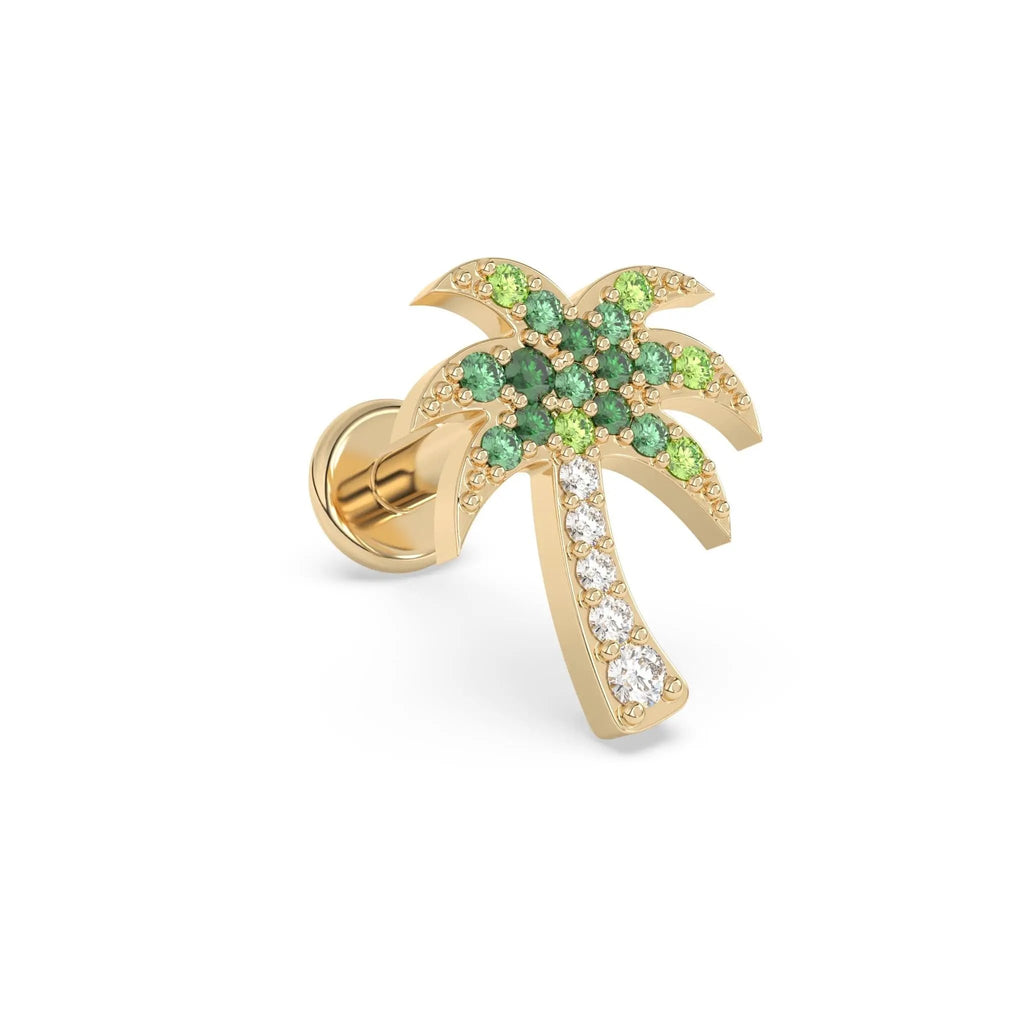 palm tree stud handmade with diamonds and sapphires set in 14k solid gold
