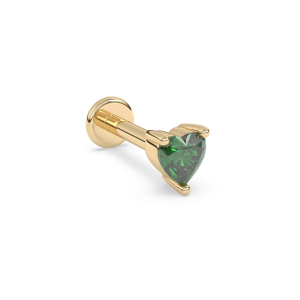 emerald stud earring handmade with a heart cut emerald set in 14k solid gold