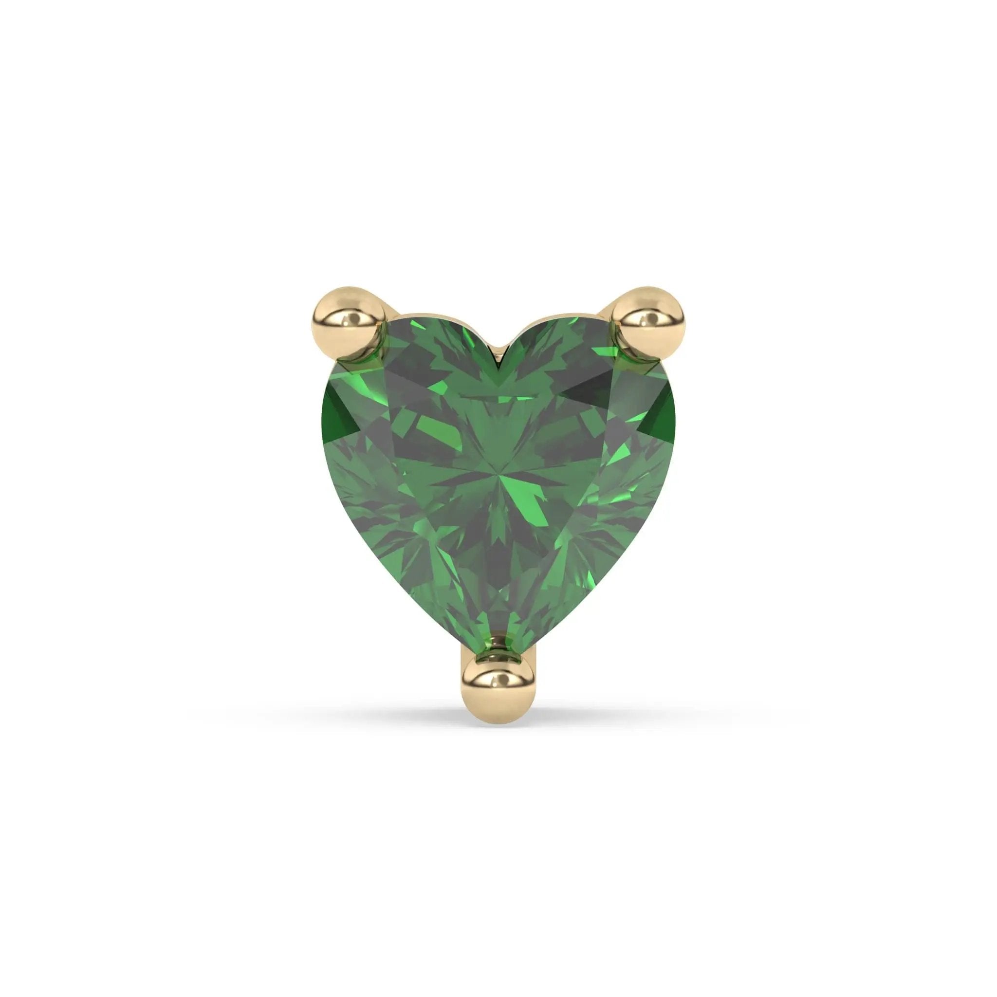 emerald stud earring handmade with a heart cut emerald set in 14k solid gold
