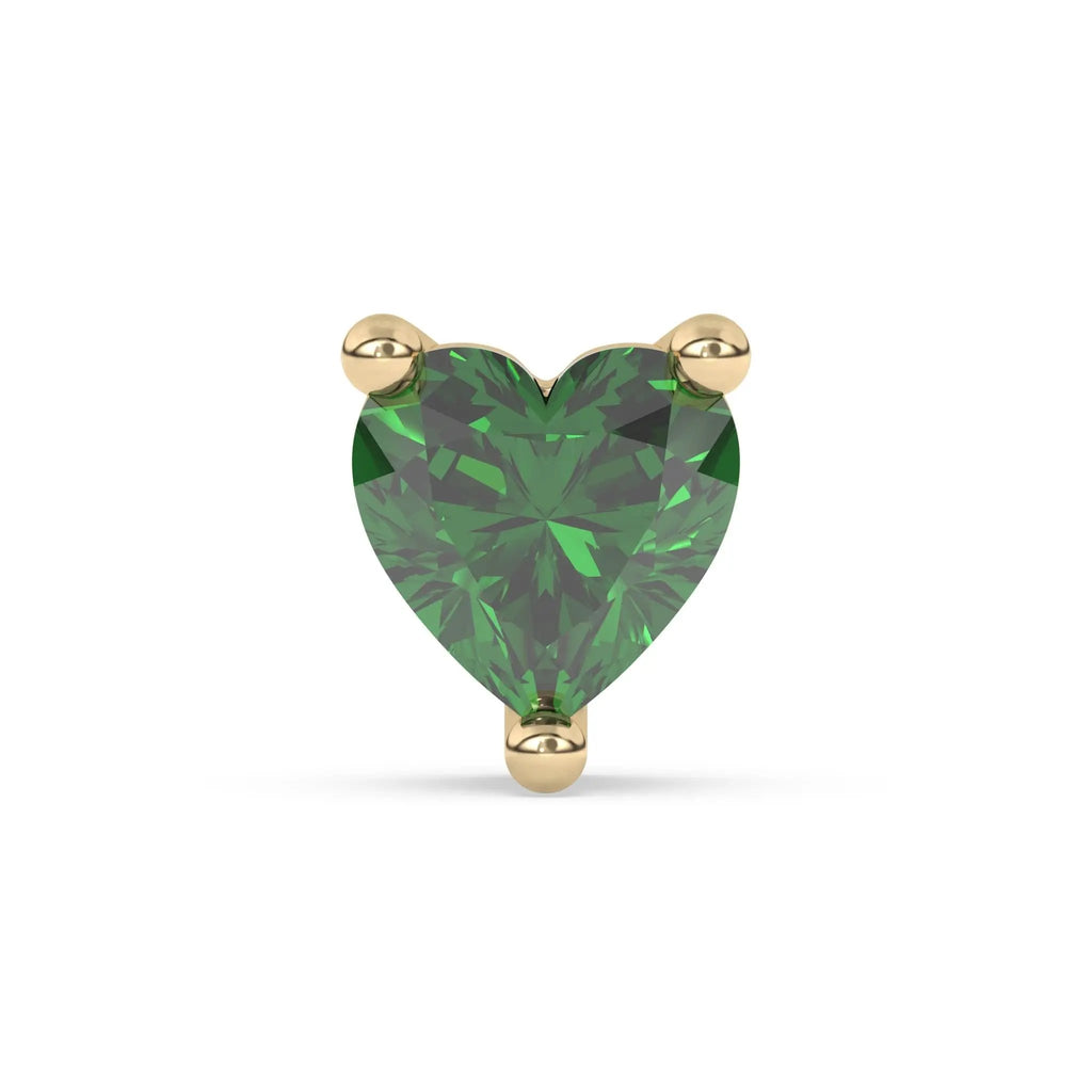 emerald stud earring handmade with a heart cut emerald set in 14k solid gold