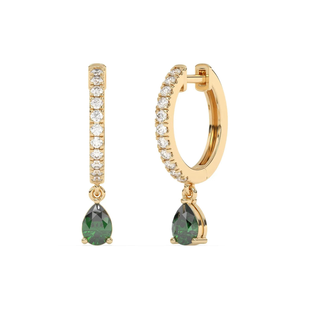 diamond huggies handmade with pear drop emerald set in 14k solid gold