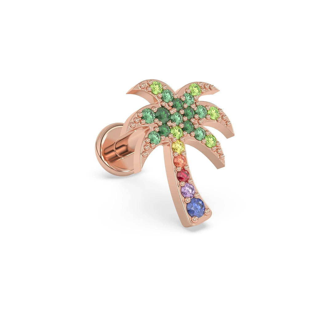 rainbow palm tree earring handmade with colourful sapphires set in 14k solid gold