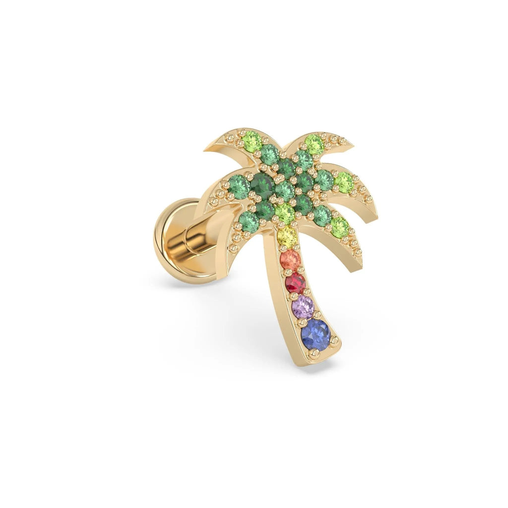 rainbow palm tree earring handmade with colourful sapphires set in 14k solid gold