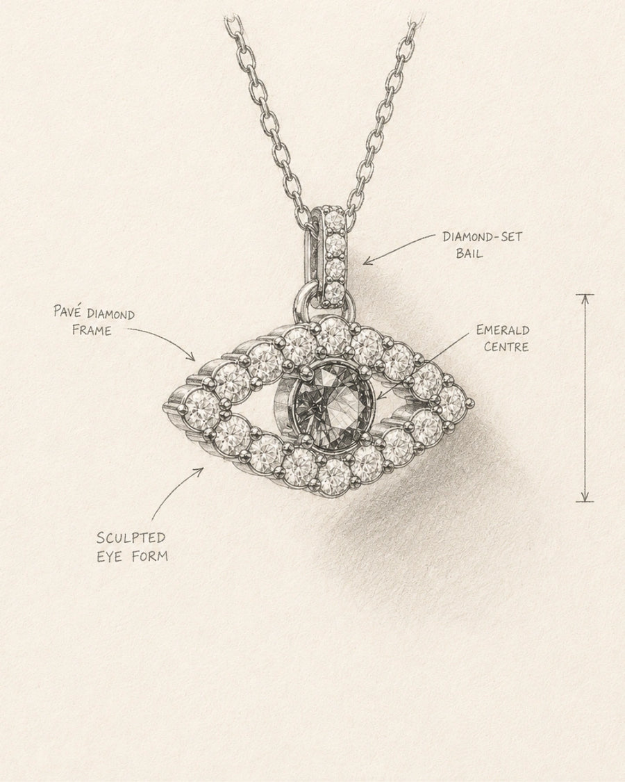Pencil design sketch of a pave diamond evil eye pendant with an emerald centre and diamond-set bail