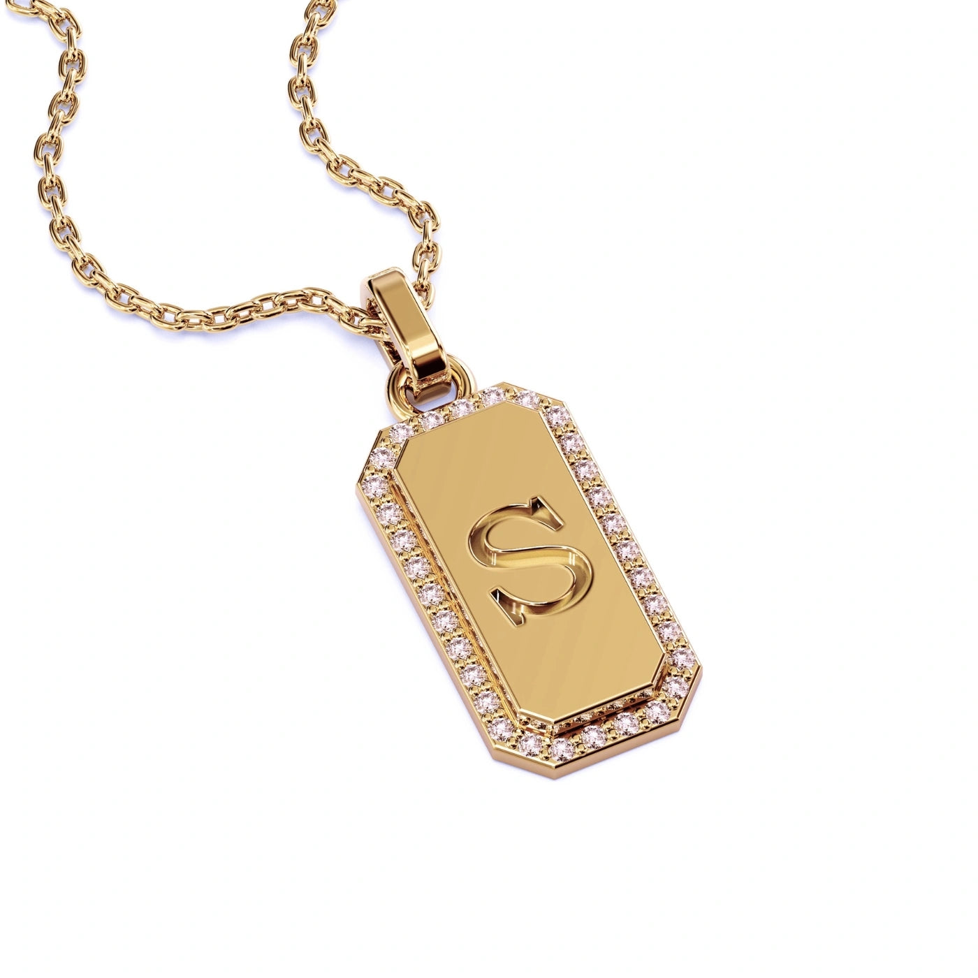 Gold Initial Necklace with Diamond Frame, initial S