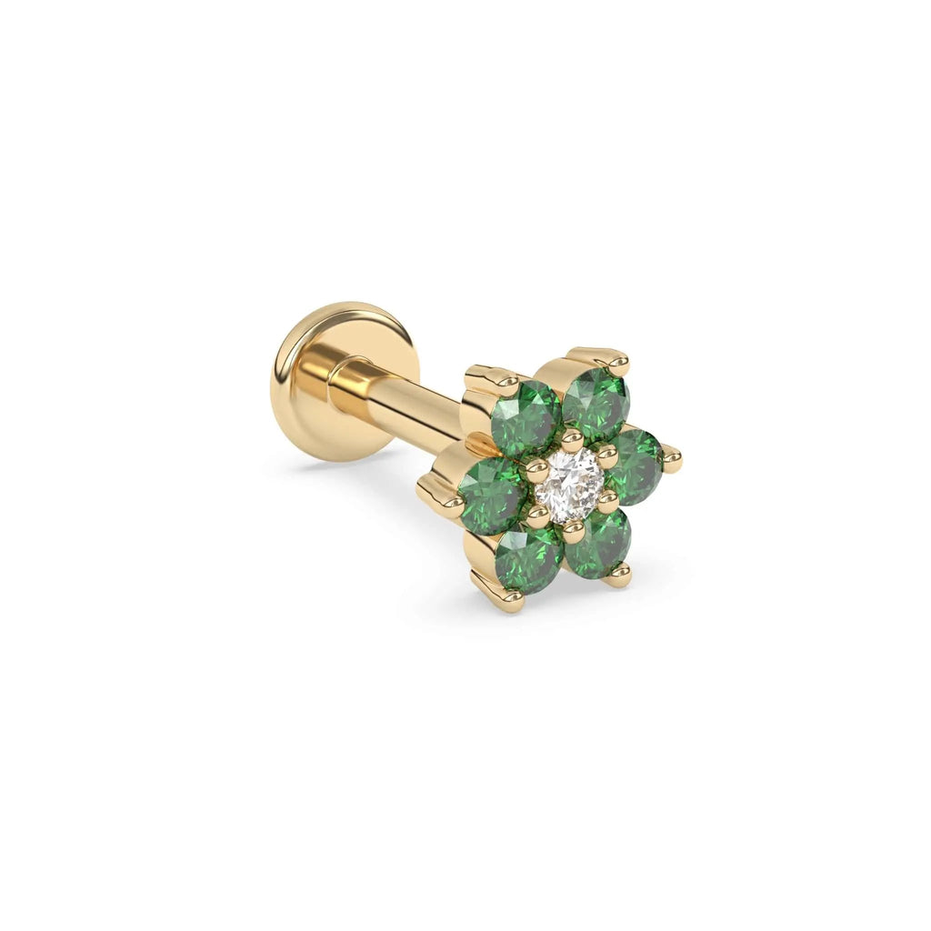 green tsavourite flower earring with a diamond centre stone in yellow gold