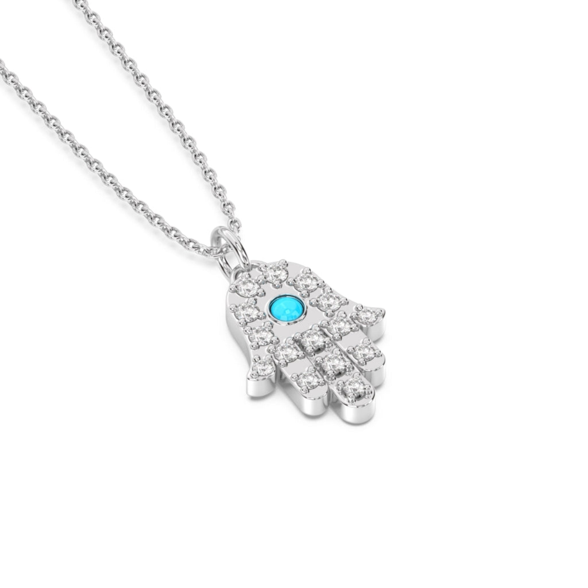 hamsa diamond pendant with turquoise in 14k white gold