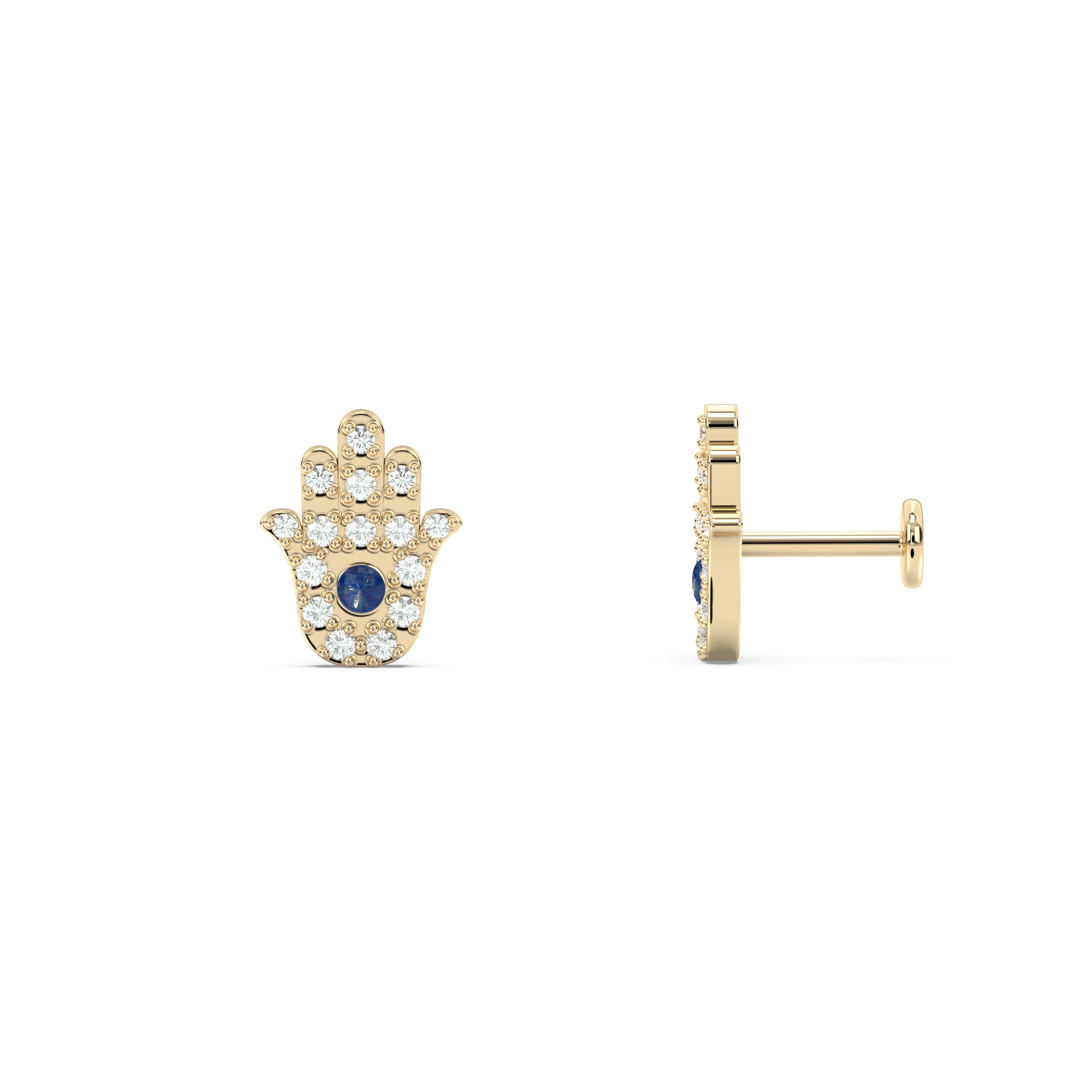 hamsa earring with diamond and lapis