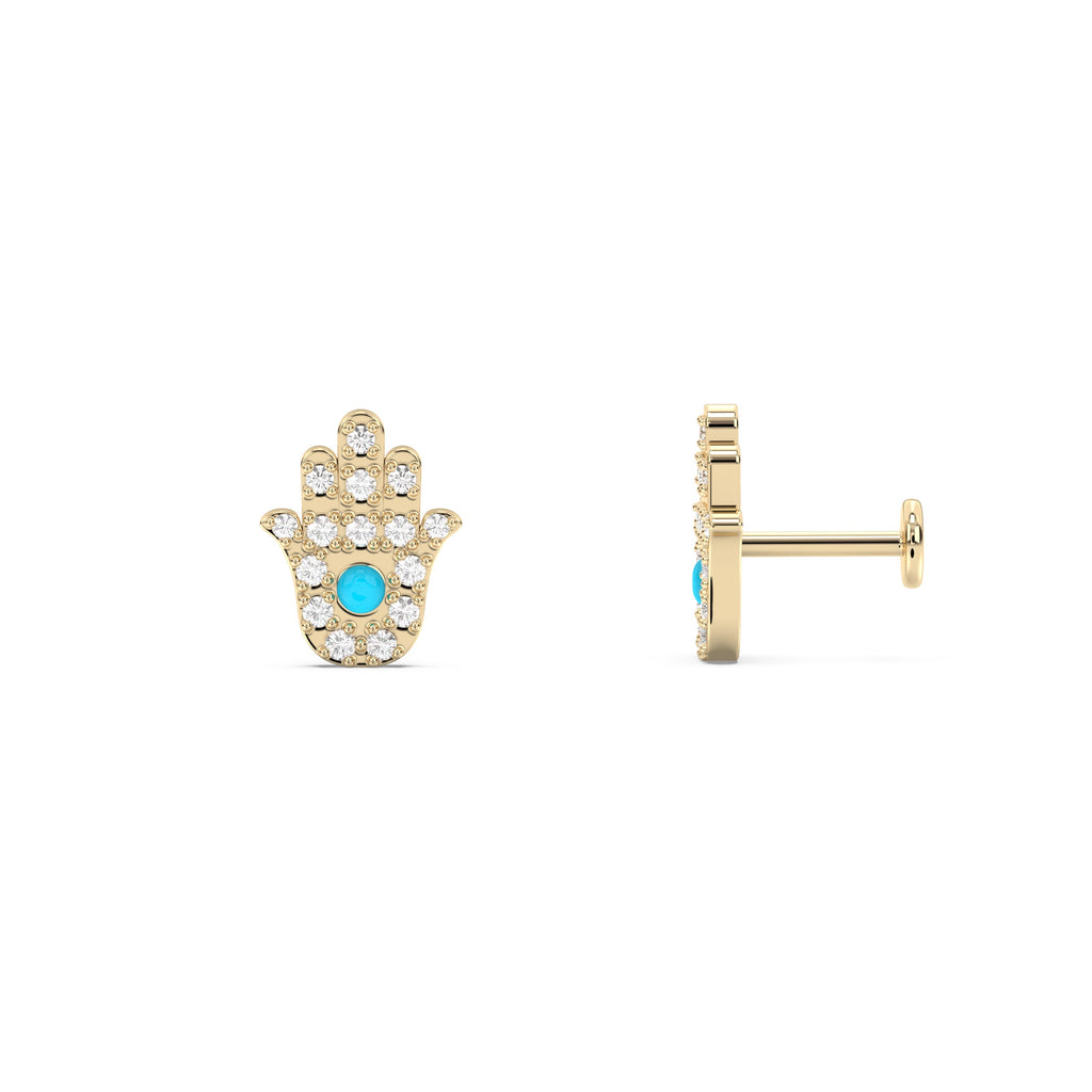Hamsa Hand Stud Earrings In 9k Gold