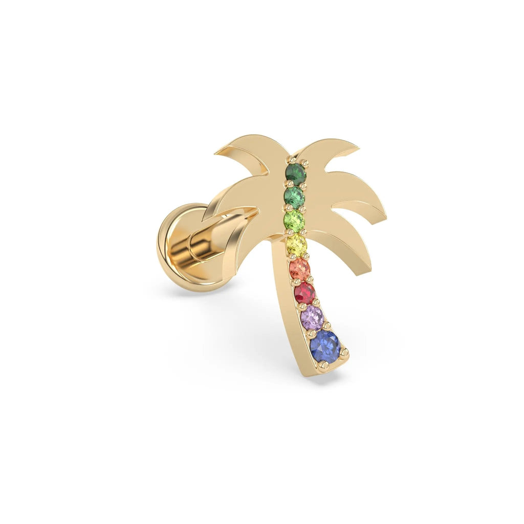 rainbow palm tree earring handmade with colourful sapphires set in 14k solid gold