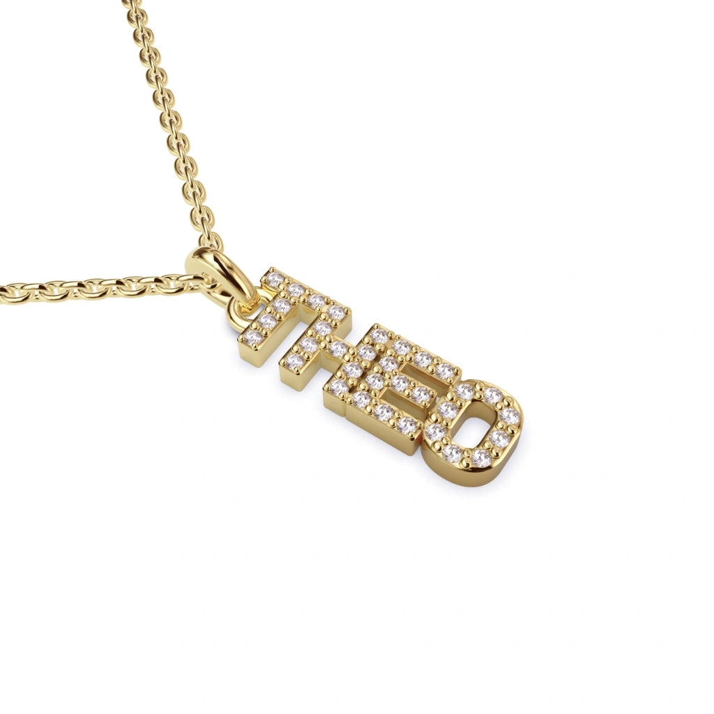 Name in Diamonds necklace by Argent + Asher, petite 4mm diamond letters in solid gold, handcrafted sideways name design, made in London