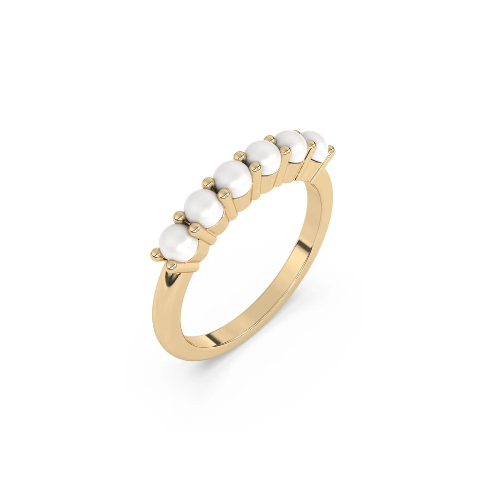 pearl six stone ring handmade in 14k solid gold 