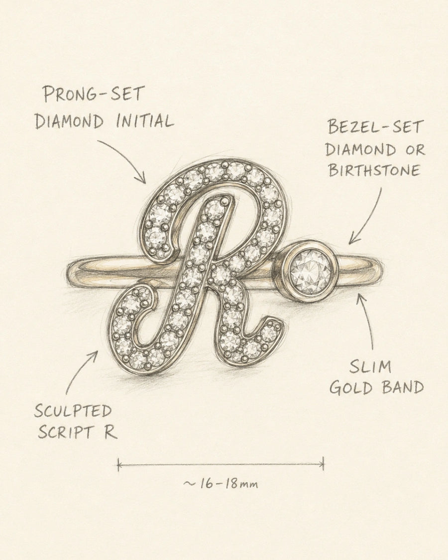 Pencil design sketch of a diamond script initial R ring with a bezel-set stone on a slim gold band