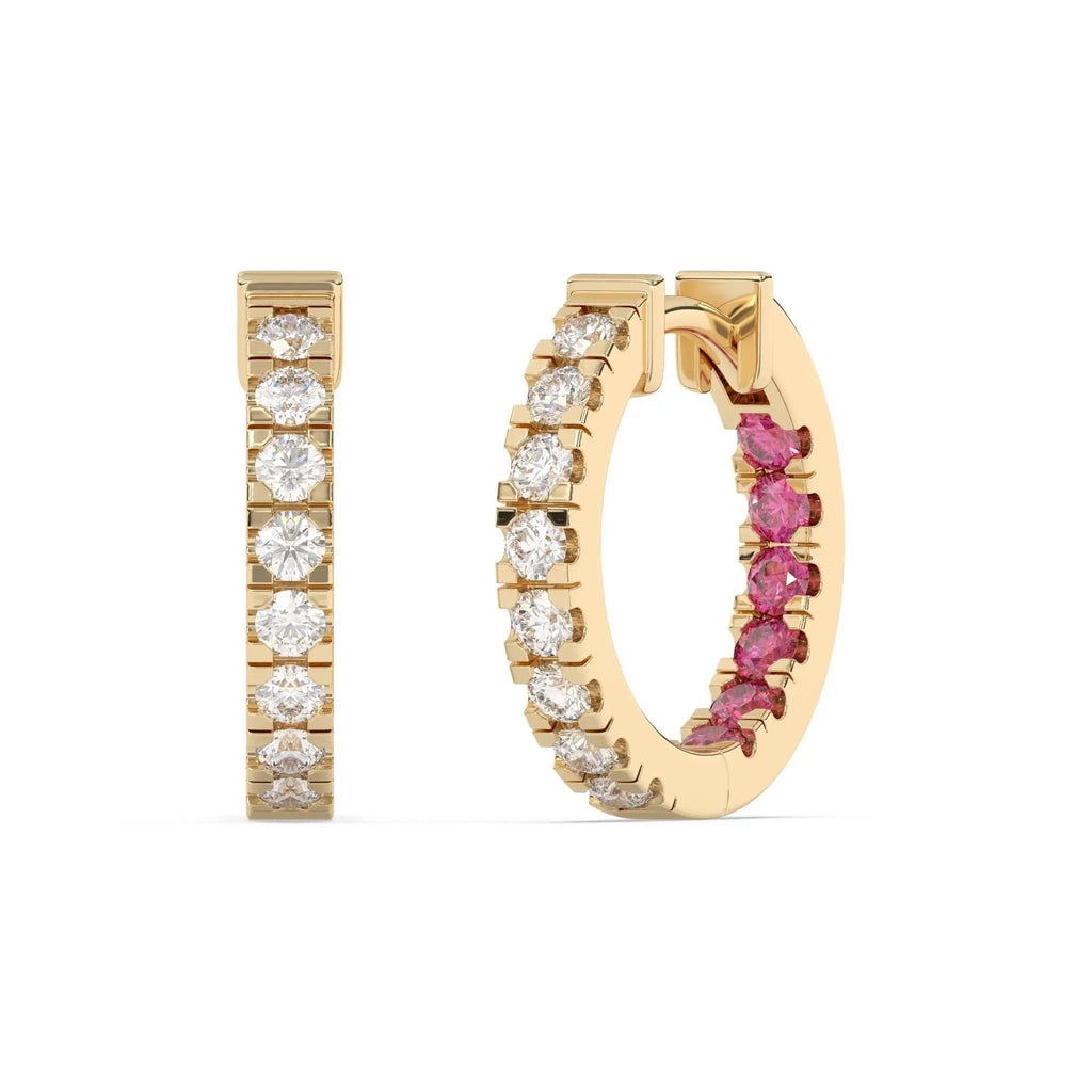 diamond jumbo huggies handmade with inset pink sapphires set in 14k solid gold