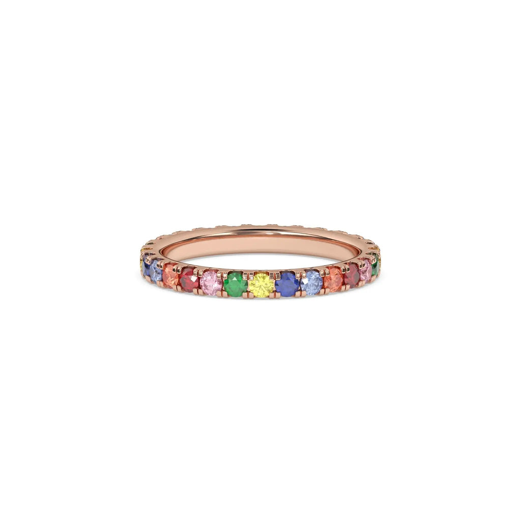 eternity ring handmade with rainbow sapphires set in 14k solid gold