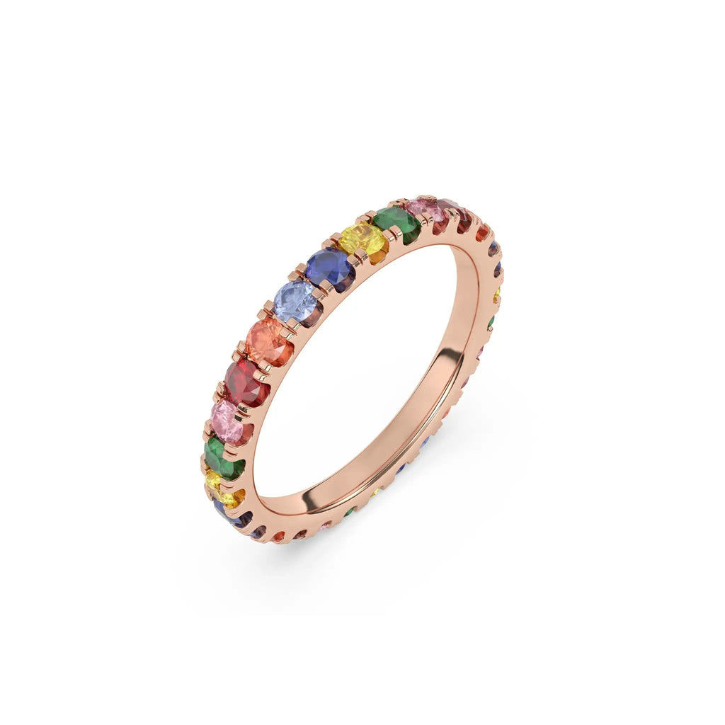 eternity ring handmade with rainbow sapphires set in 14k solid gold