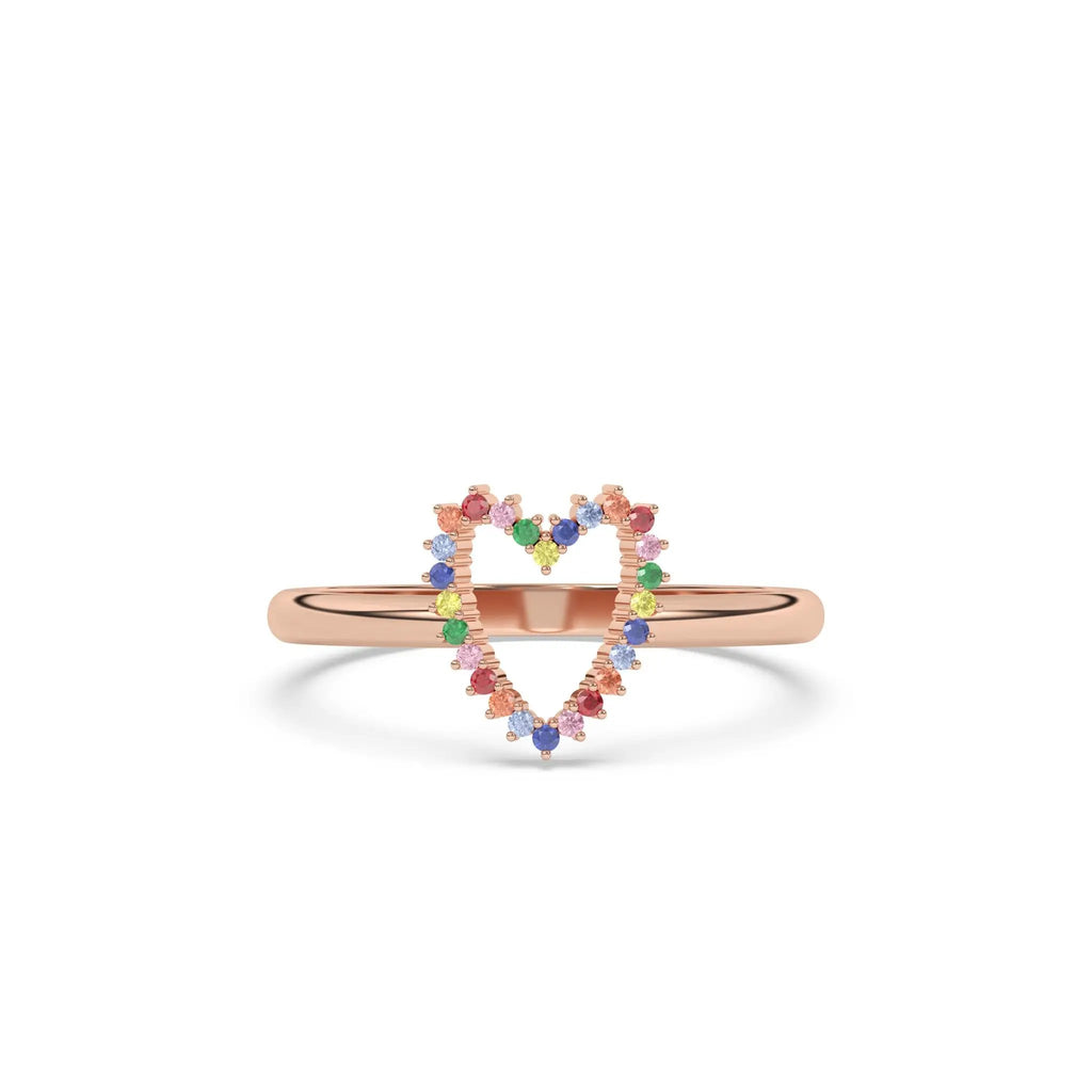 heart ring handmade with rainbow sapphires set in 14k solid gold