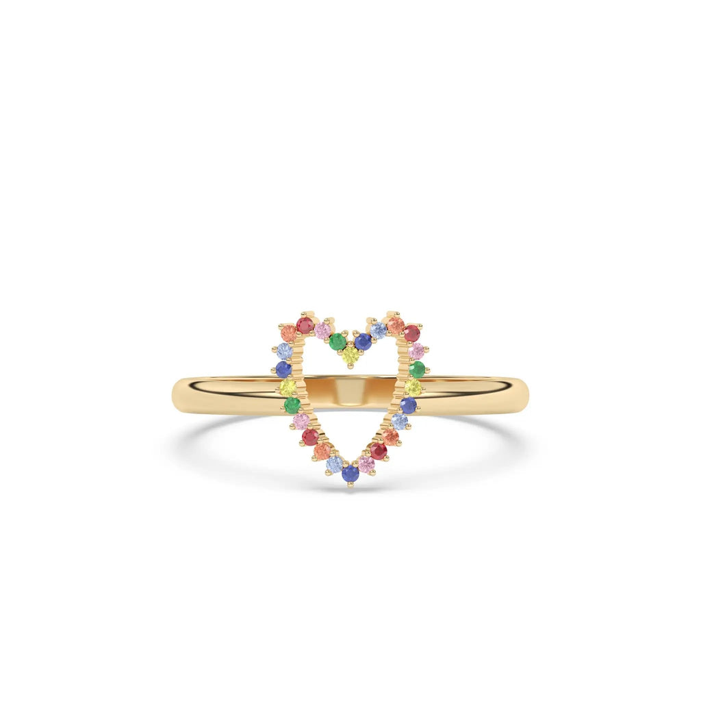heart ring handmade with rainbow sapphires set in 14k solid gold