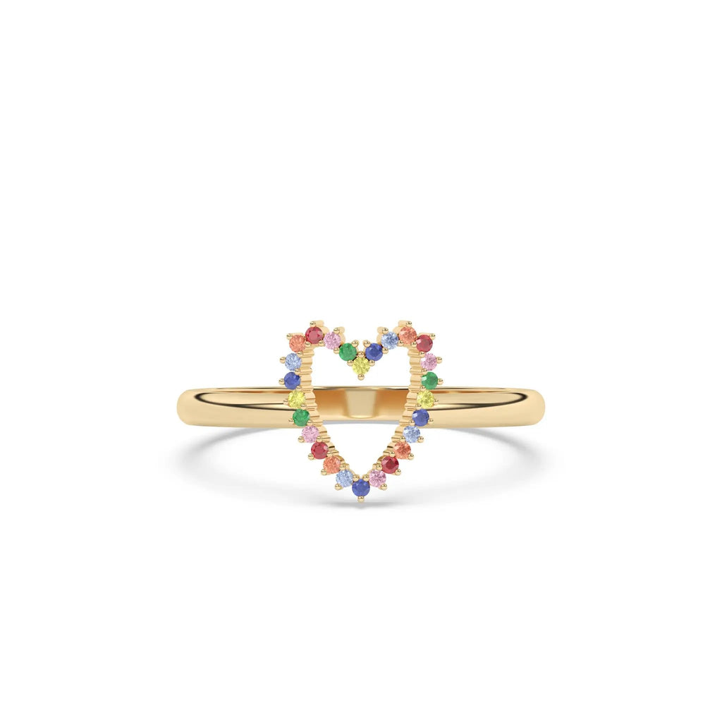 heart ring handmade with rainbow sapphires set in 14k solid gold