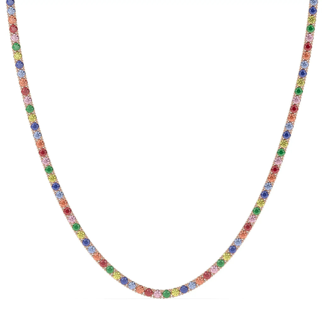 tennis necklace handmade with rainbow sapphires set in 14k solid gold