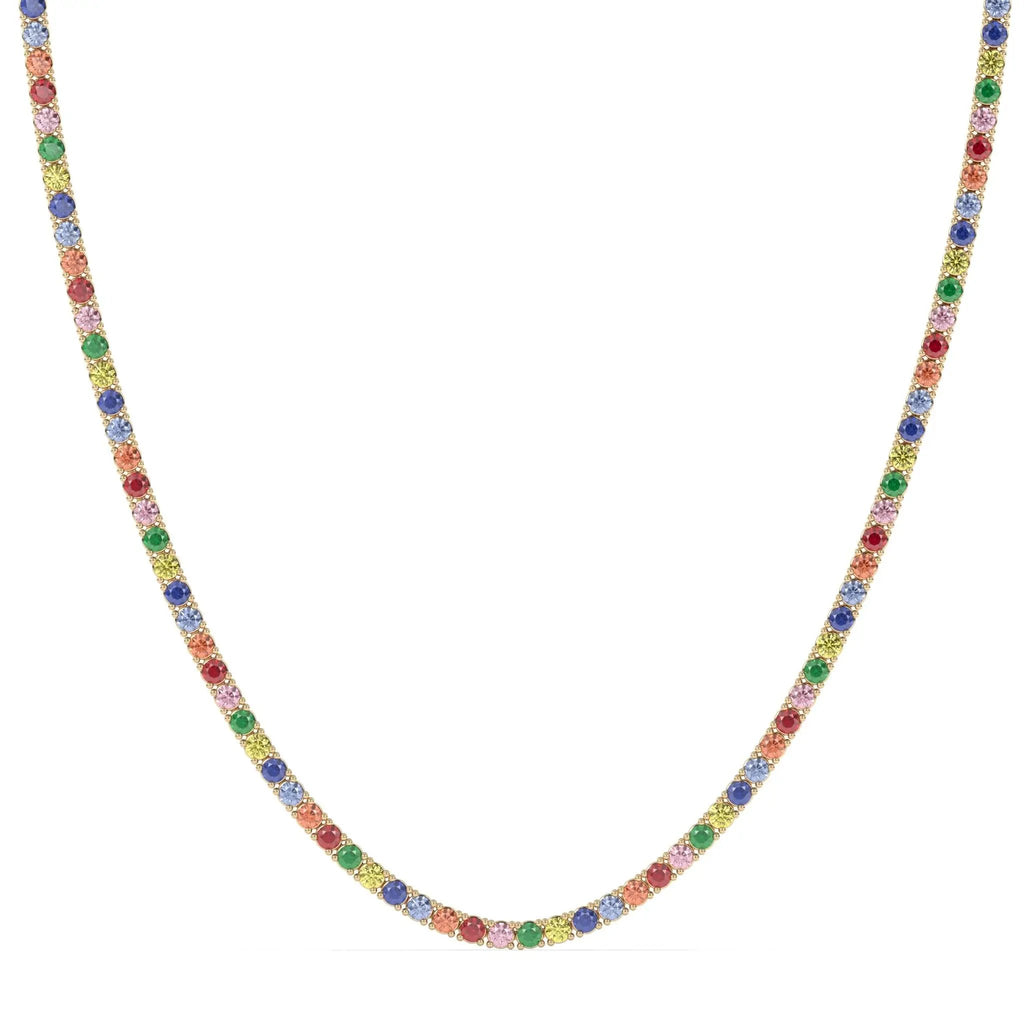 tennis necklace handmade with rainbow sapphires set in 14k solid gold