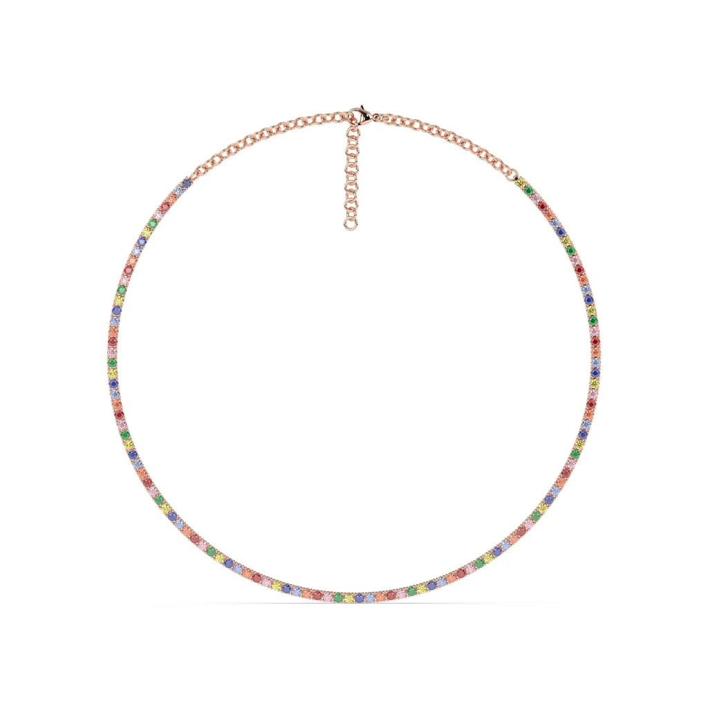 tennis necklace handmade with rainbow sapphires set in 14k solid gold