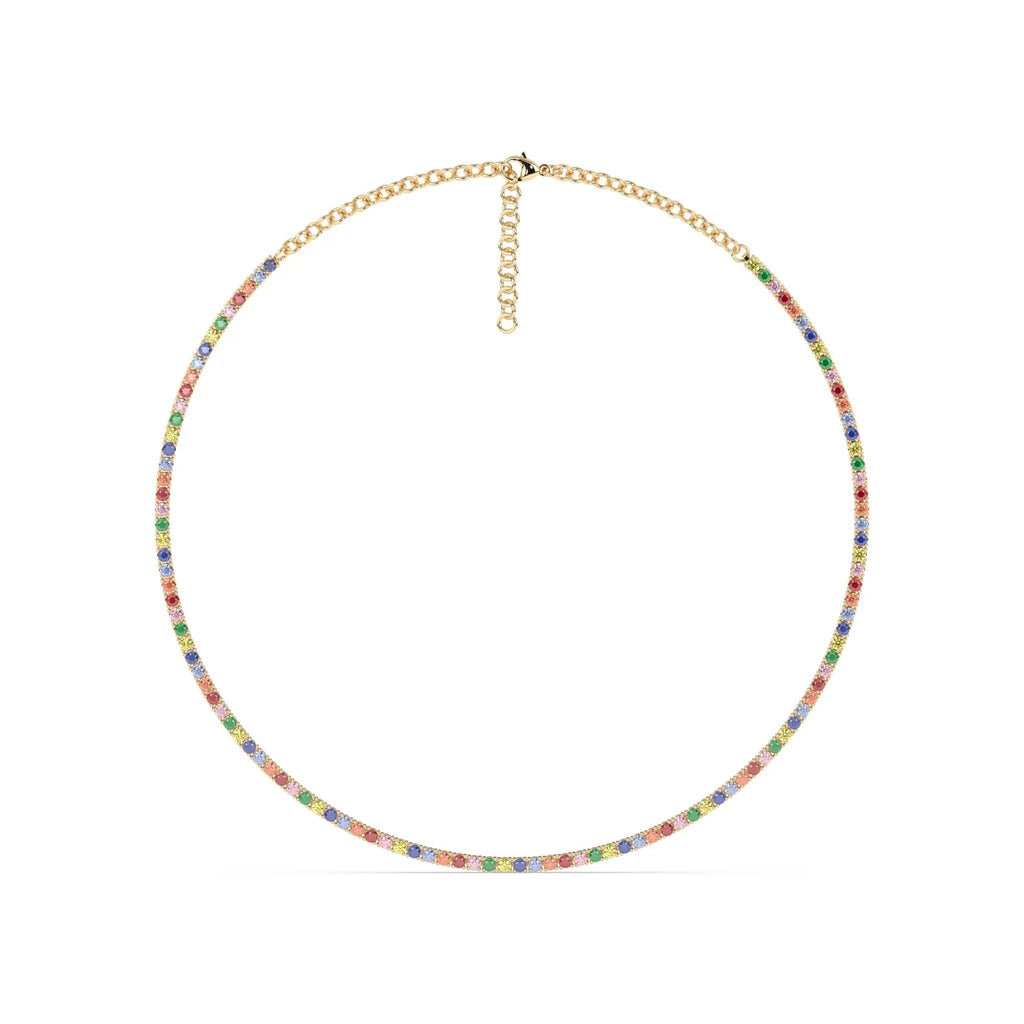 tennis necklace handmade with rainbow sapphires set in 14k solid gold
