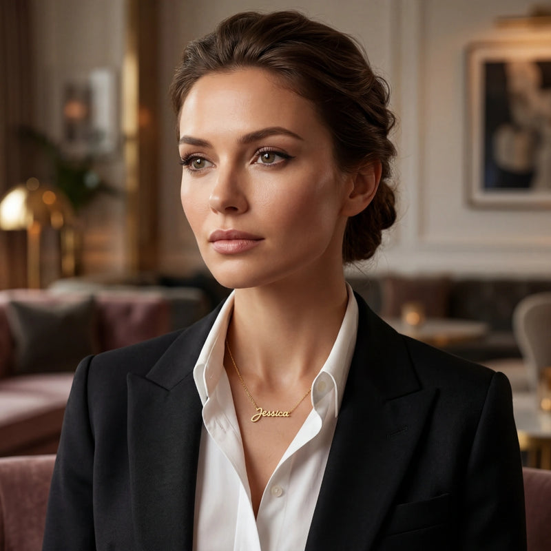 Script gold name necklace worn with a black blazer and white shirt