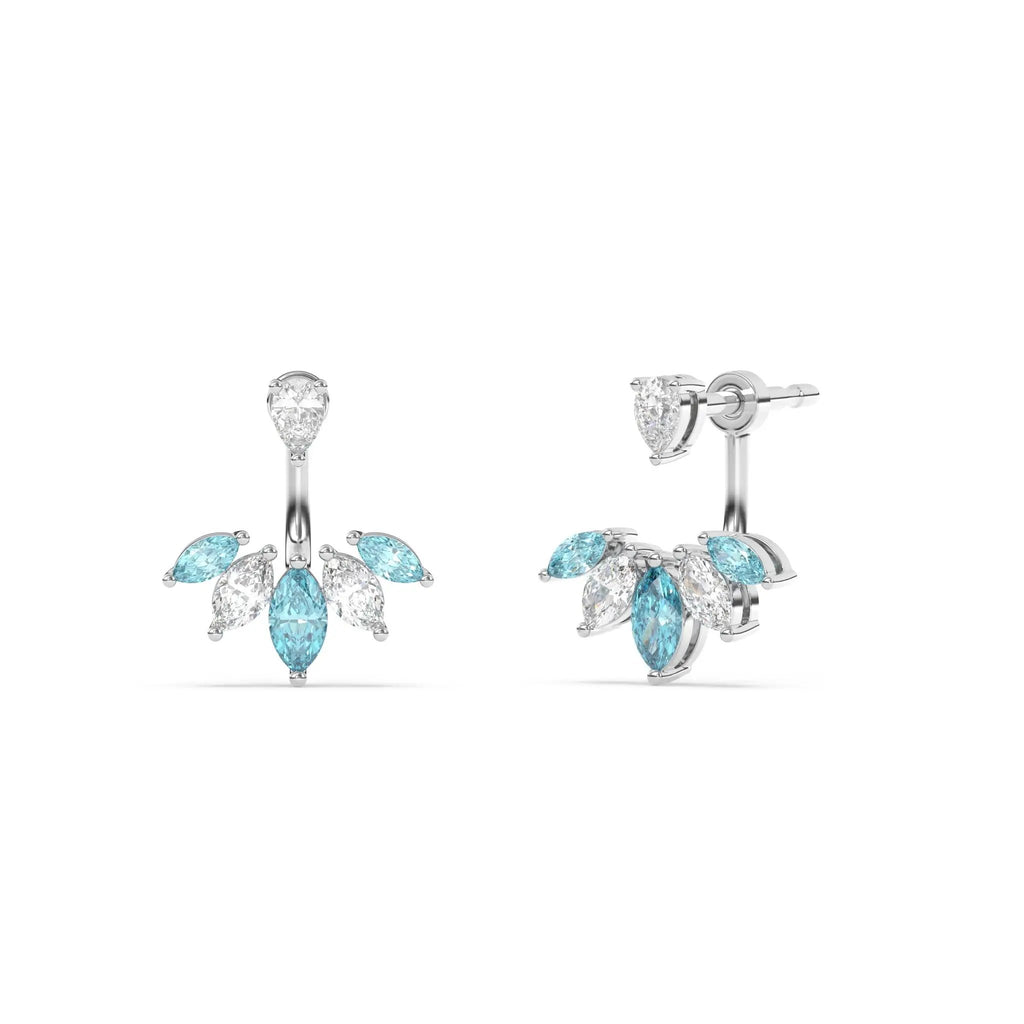 diamond stud earring handmade with blue topaz and diamond ear jacket set in 14k solid gold