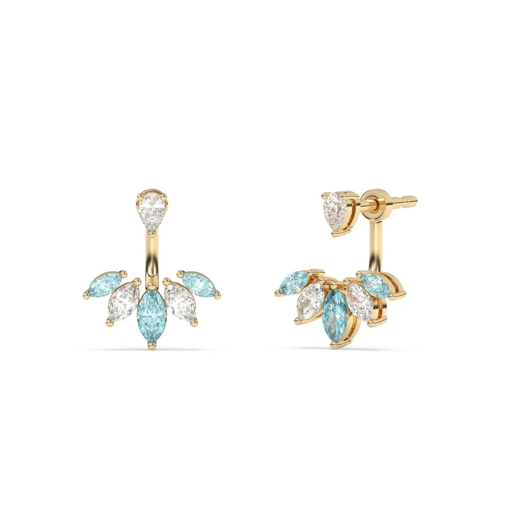 diamond stud earring handmade with blue topaz and diamond ear jacket set in 14k solid gold