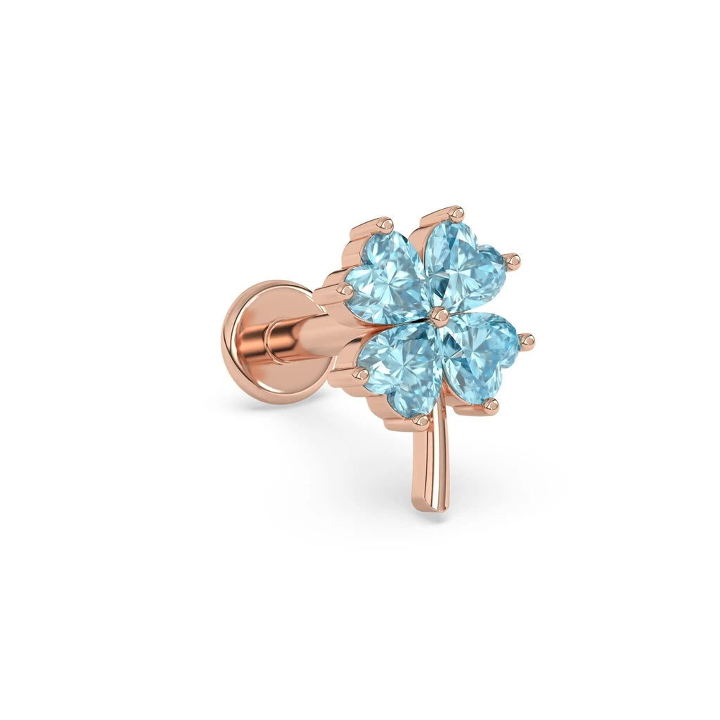 lucky four leaf clover earring with blue topaz set in 14k solid rose gold