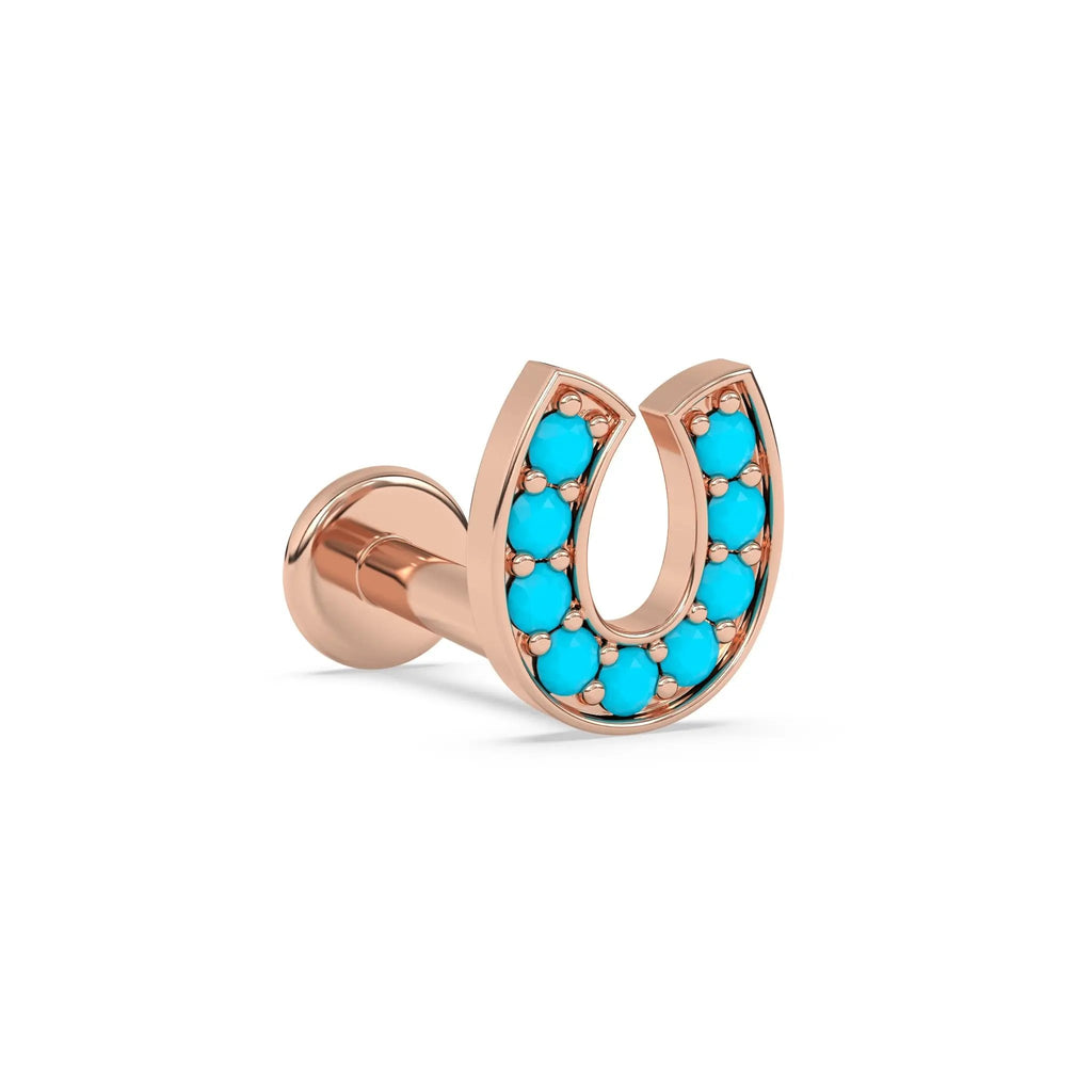 lucky horseshoe earring handmade with turquoise set in 14k solid gold
