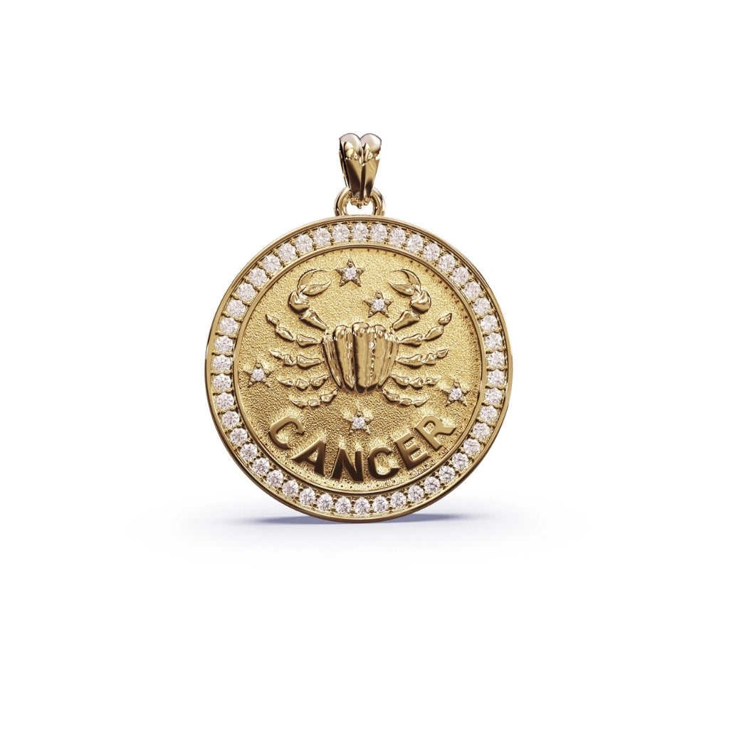 Gold pendant with 'Cancer' zodiac sign and diamond accents