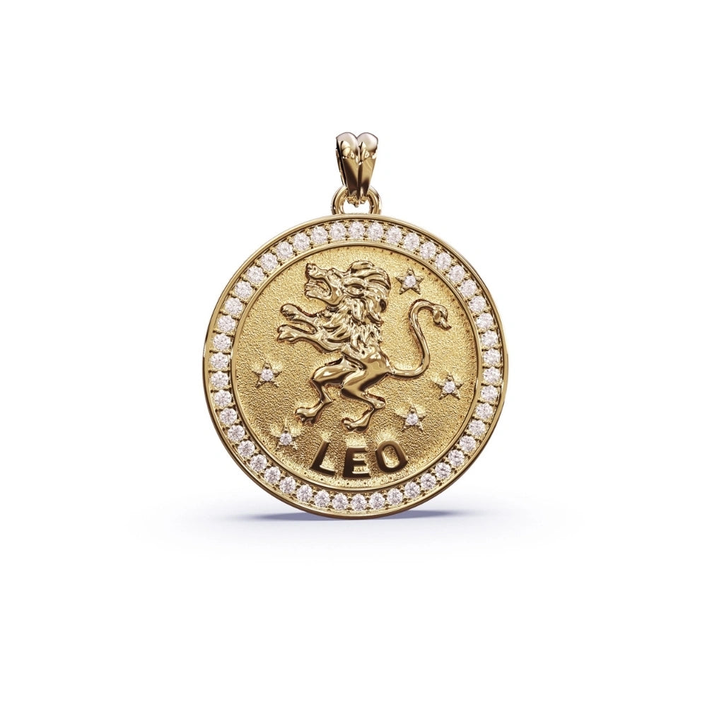 Gold pendant with 'Leo' zodiac symbol and diamond accents