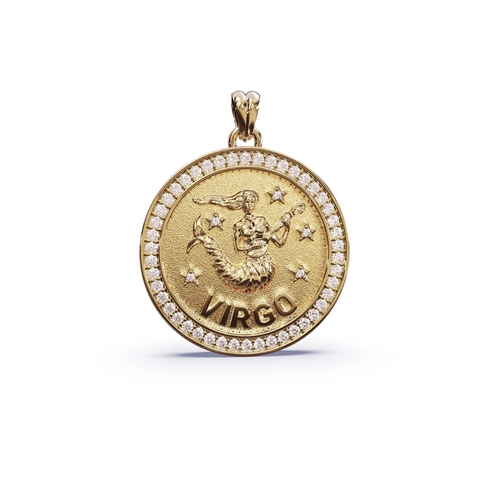 Gold pendant with 'Virgo' inscription and diamond accents background